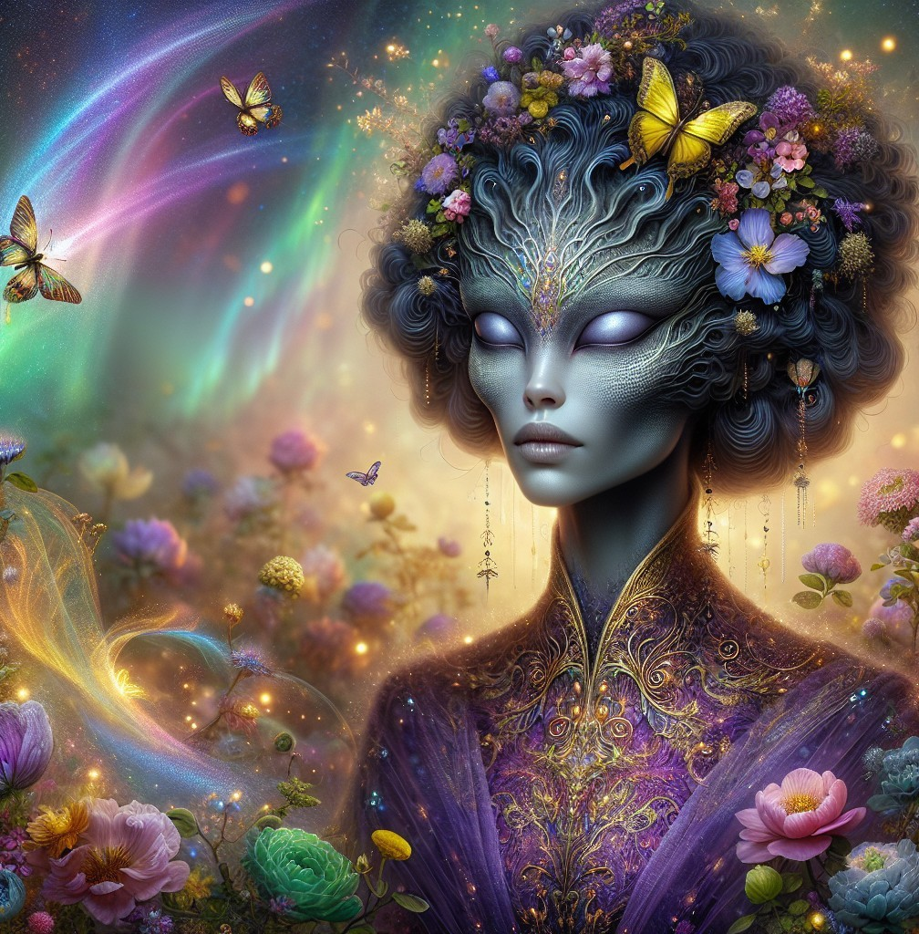 Mystical Female Figure Surrounded by Flowers and Light