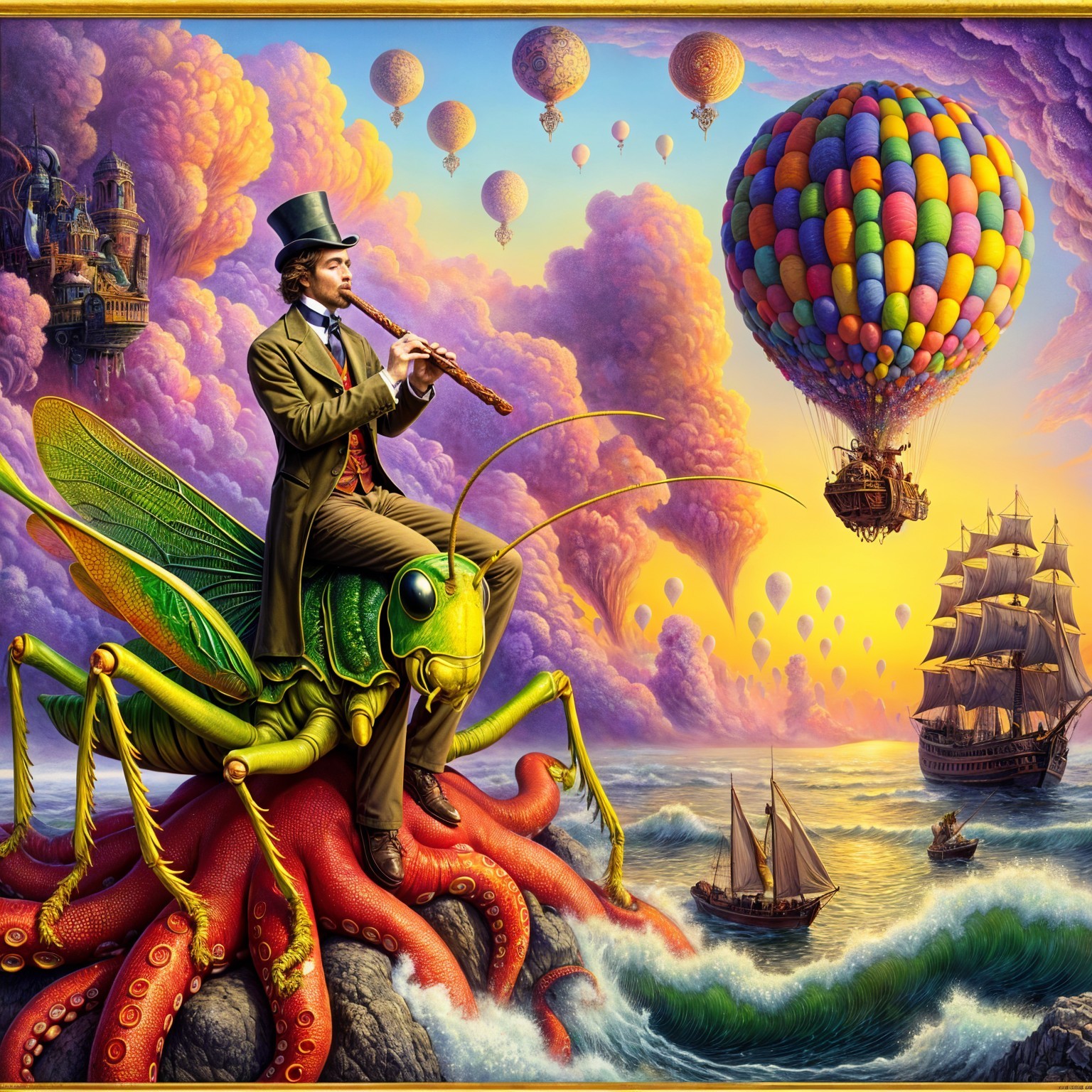 Man in Top Hat Playing Flute on Giant Grasshopper