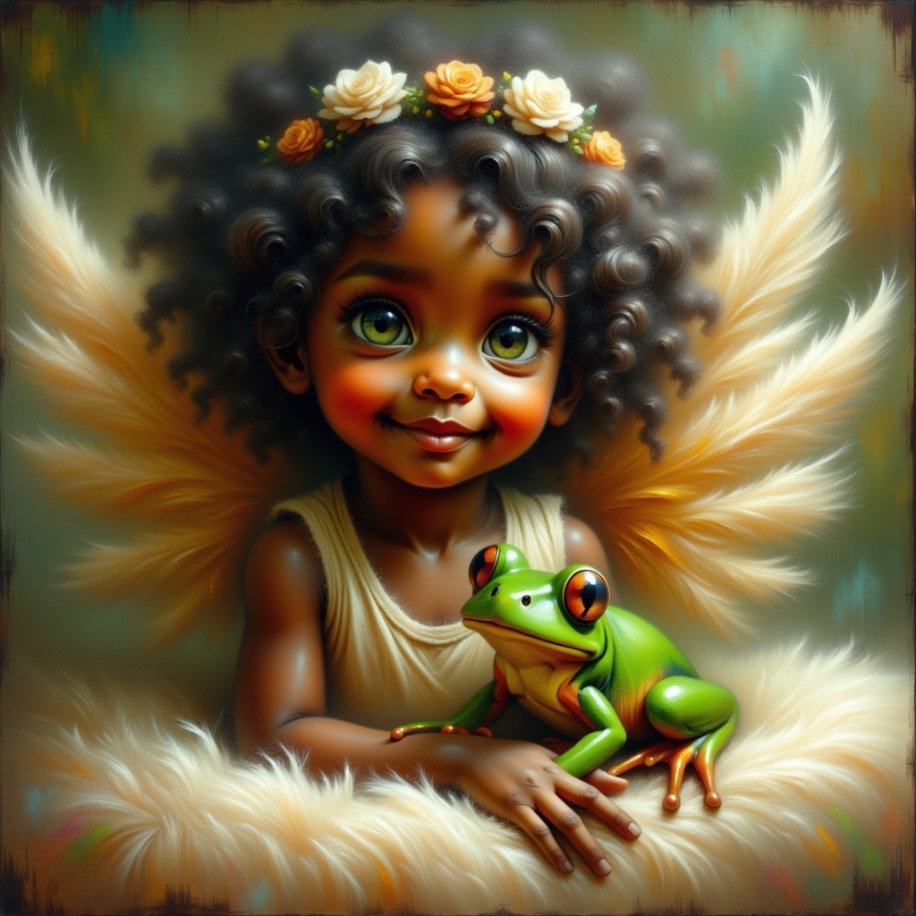 Young girl with curly hair and angelic wings among feathers