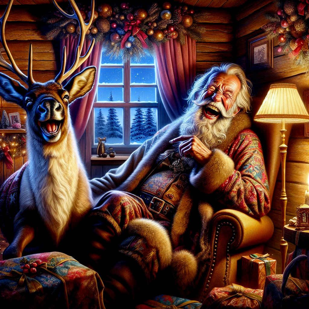 Joyful Santa Claus and Reindeer in Festive Cabin