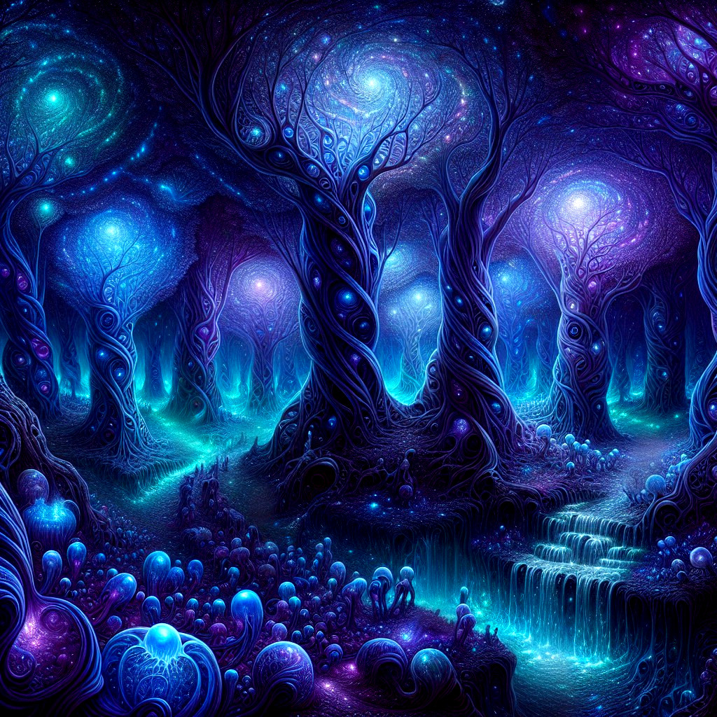 Surreal Landscape with Luminescent Trees and Creatures