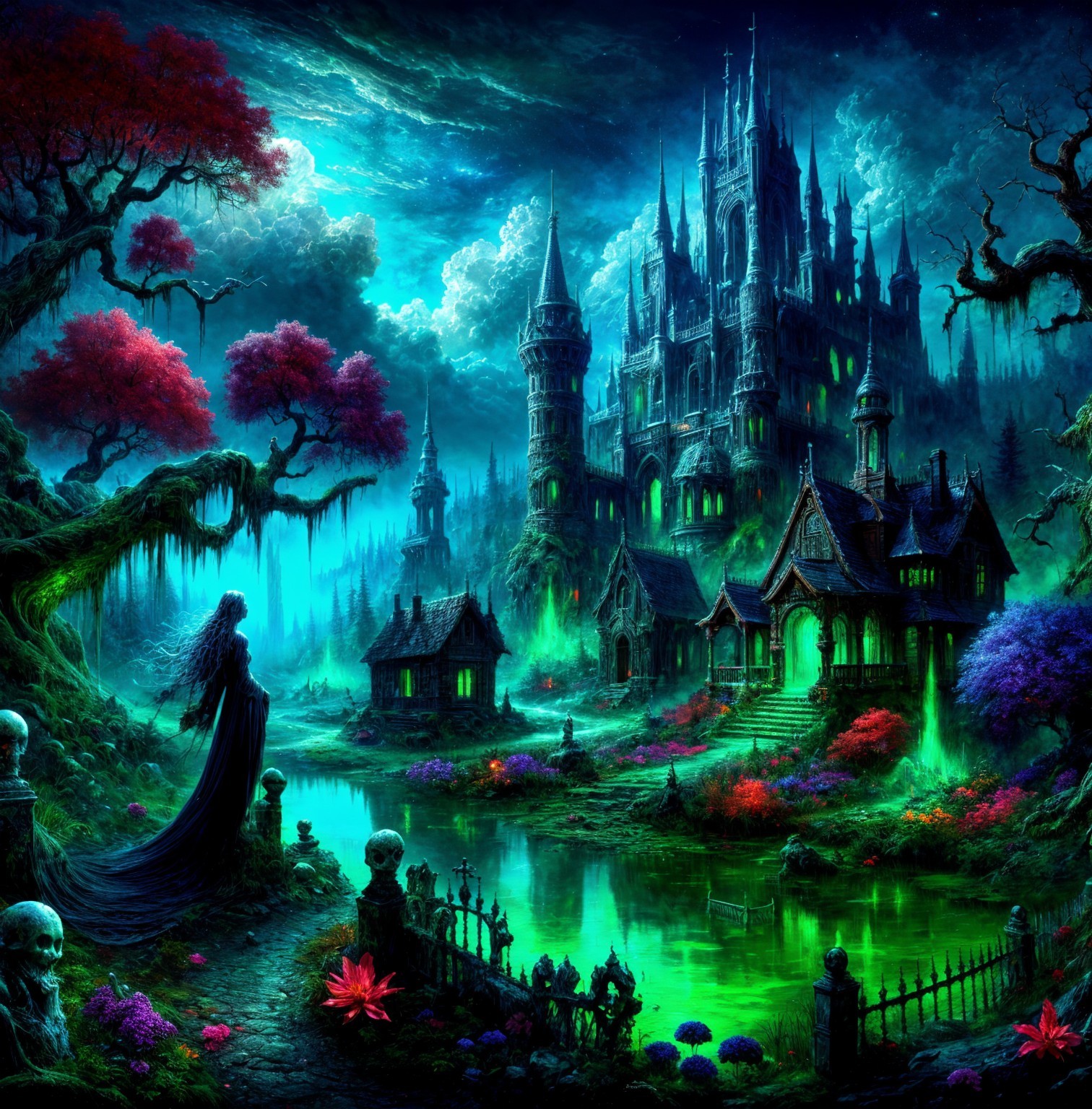Mystical Night Landscape with Enchanted Forest and Castle