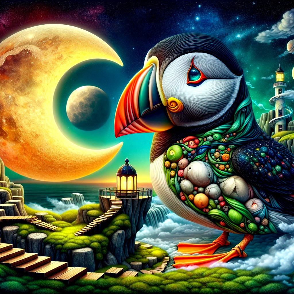 Surreal Landscape with Stylized Puffin and Moon