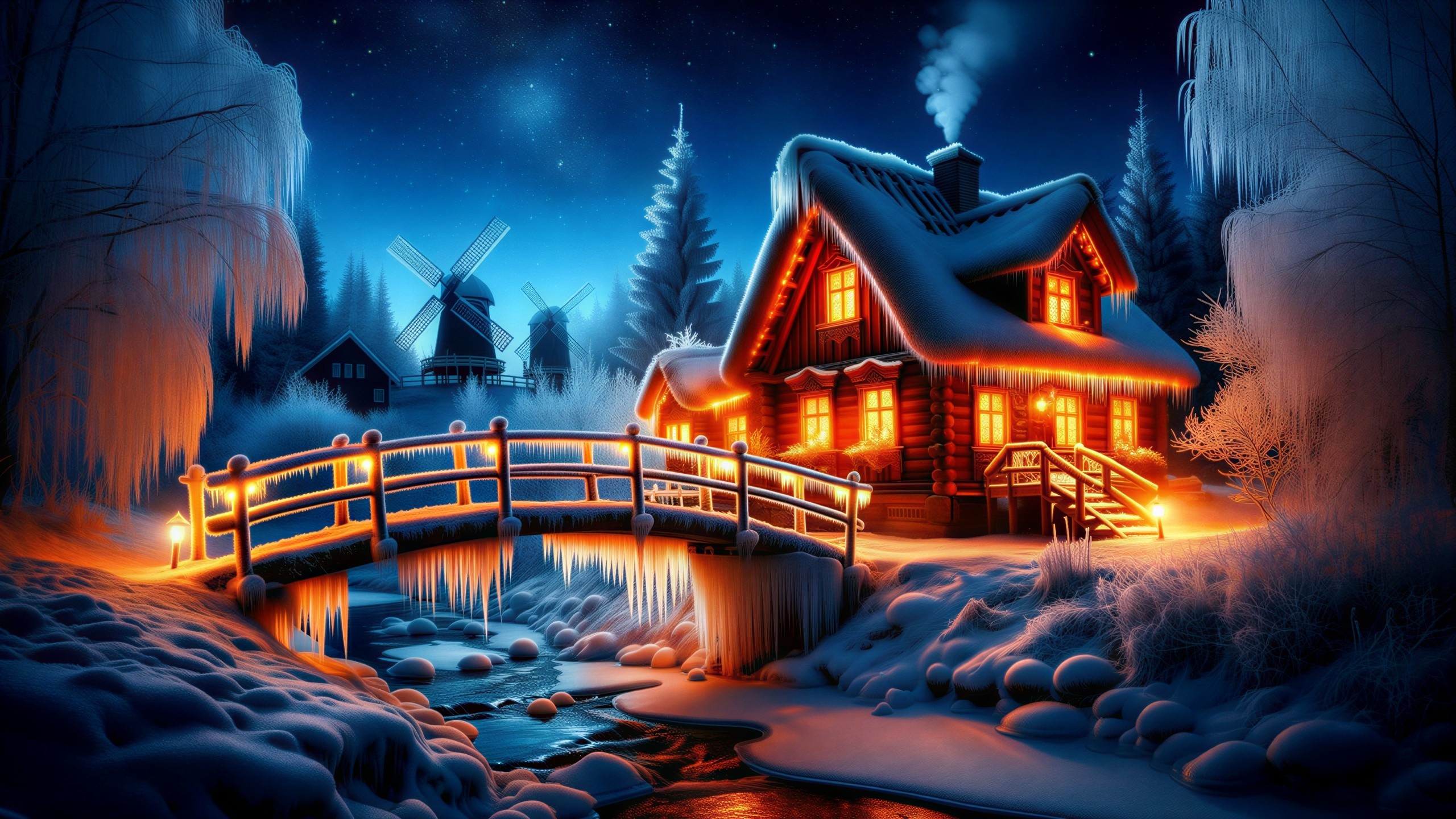Cozy log cabin in snowy landscape with twilight glow