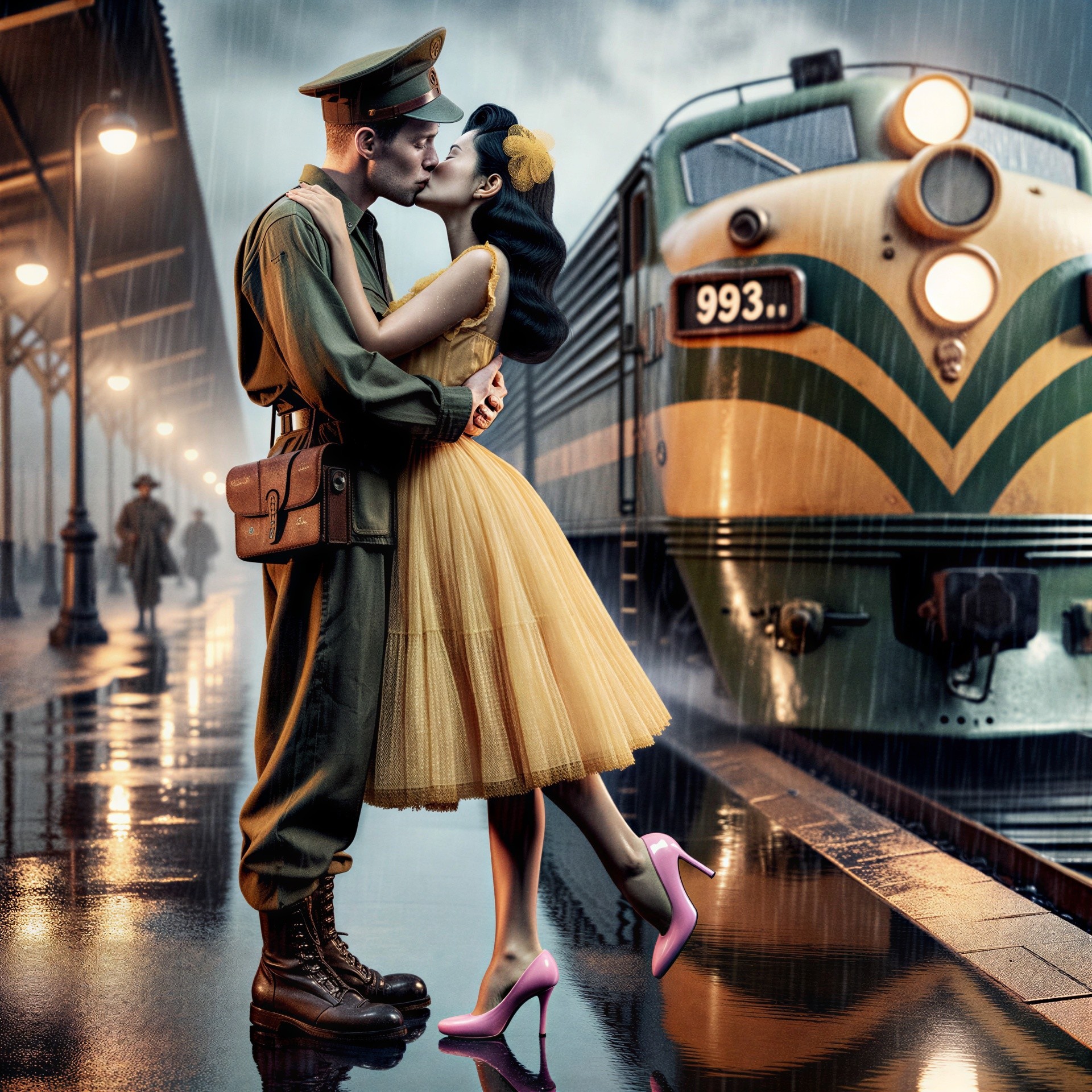 Soldier and Woman Embrace in Rain at Train Station