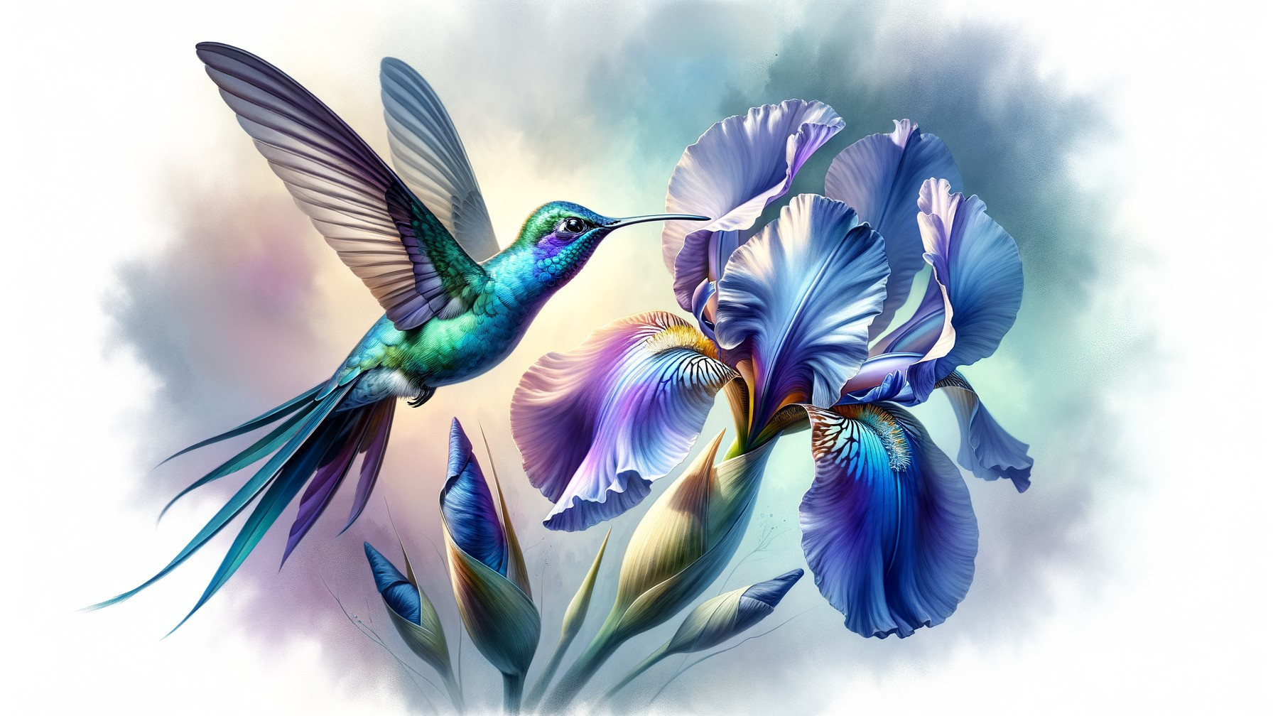 Hummingbird Near Blooming Iris with Vibrant Colors
