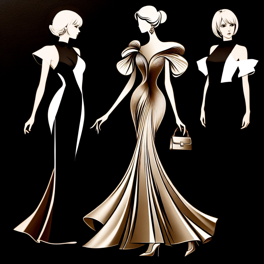 Elegant Fashion Illustration of Three Female Figures