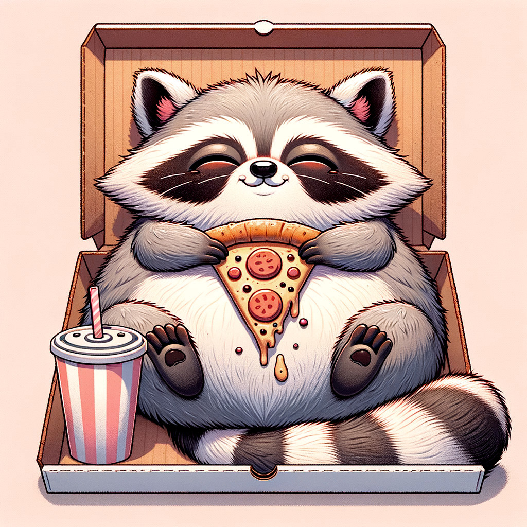 Chubby Raccoon Enjoys Pizza in Cozy Setting