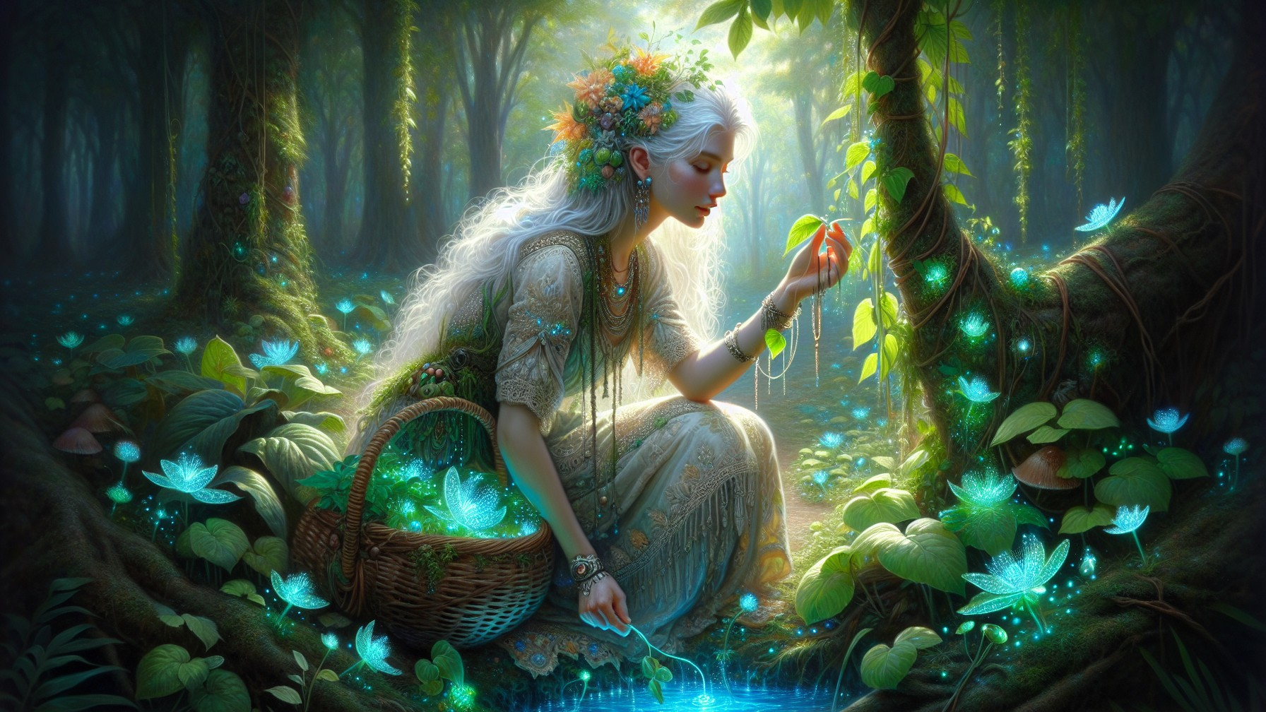 Serene Figure in Enchanted Forest by Shimmering Pond