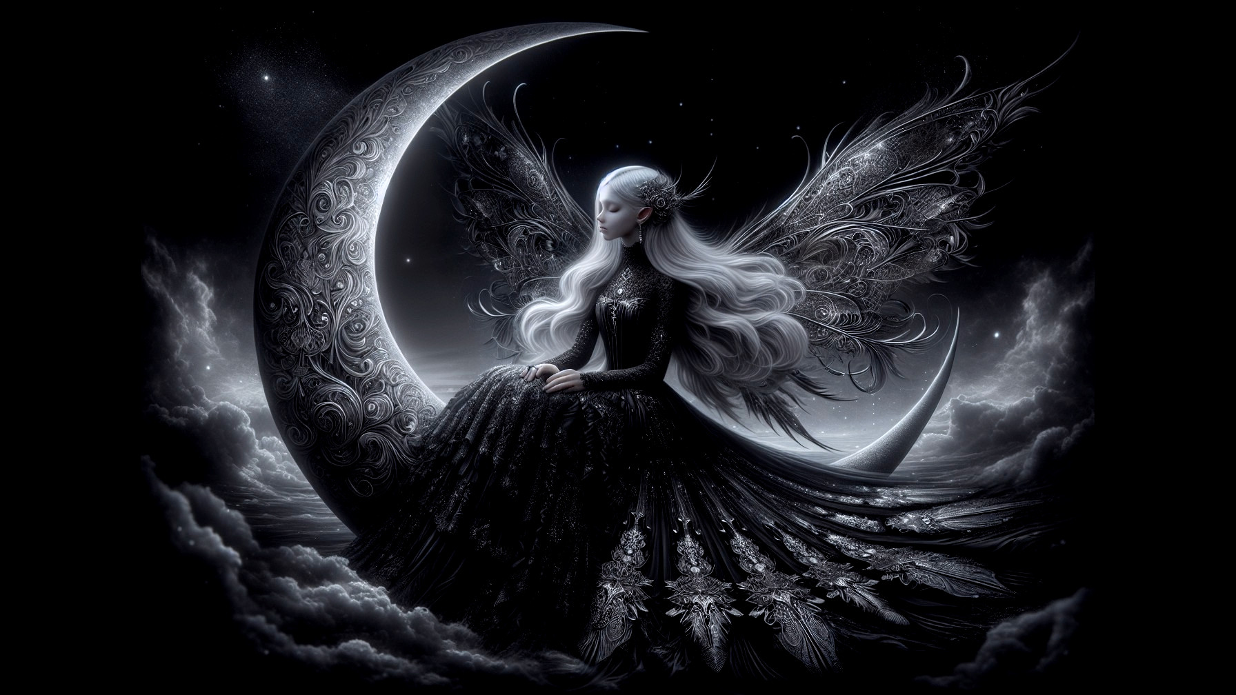 Serene figure on crescent moon with silver hair and wings