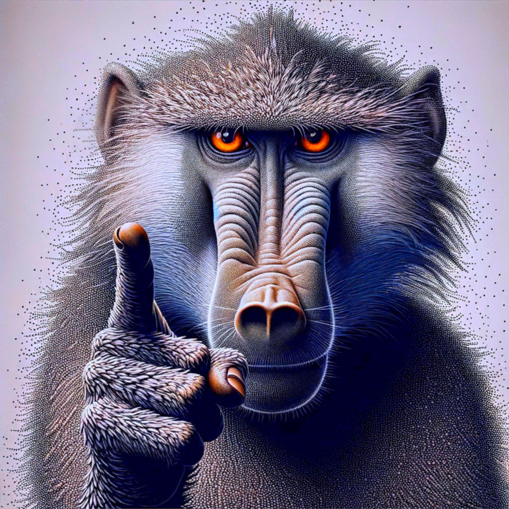 Stylized depiction of a baboon with expressive features