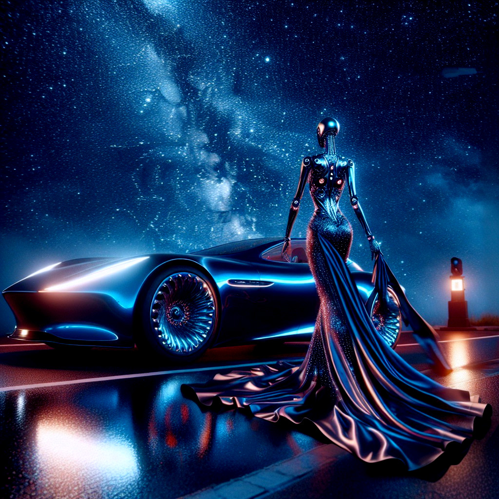 Futuristic Scene with Metallic Car and Humanoid Robot