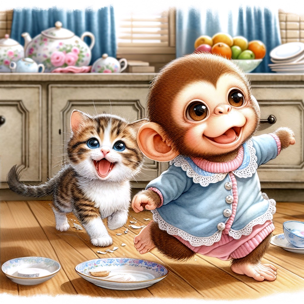 Playful Monkey and Kitten in Cozy Kitchen Scene