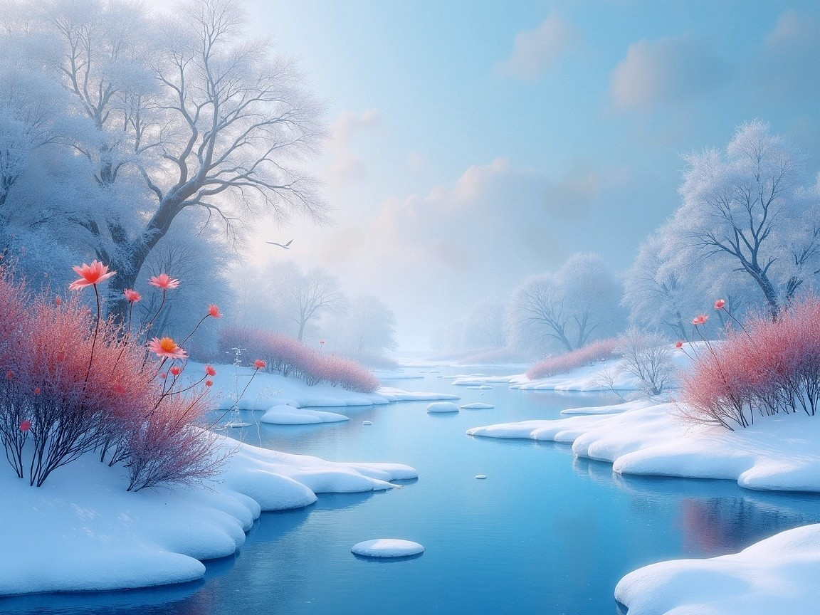 Serene winter landscape with flowing river and flowers