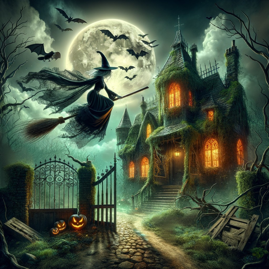 Enchanted Night Scene with Witch and Haunted Mansion
