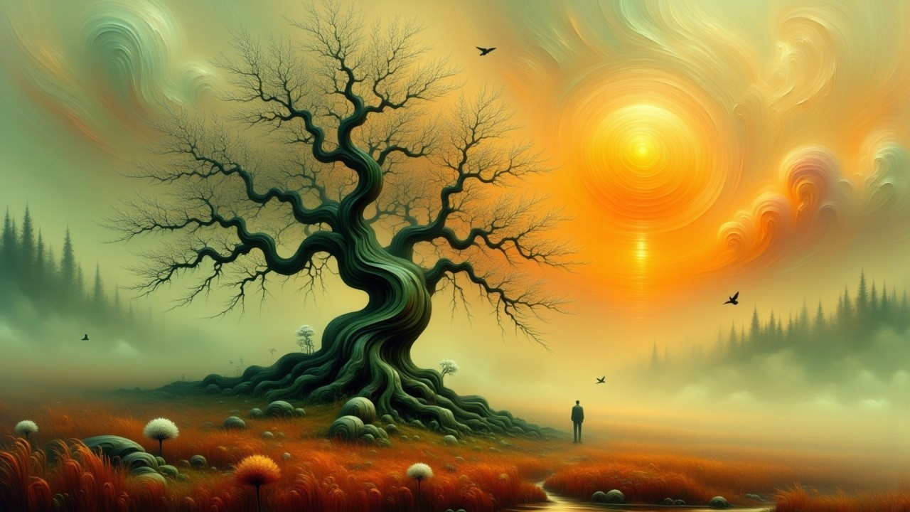 Surreal Landscape with Gnarled Tree and Sunset Sky