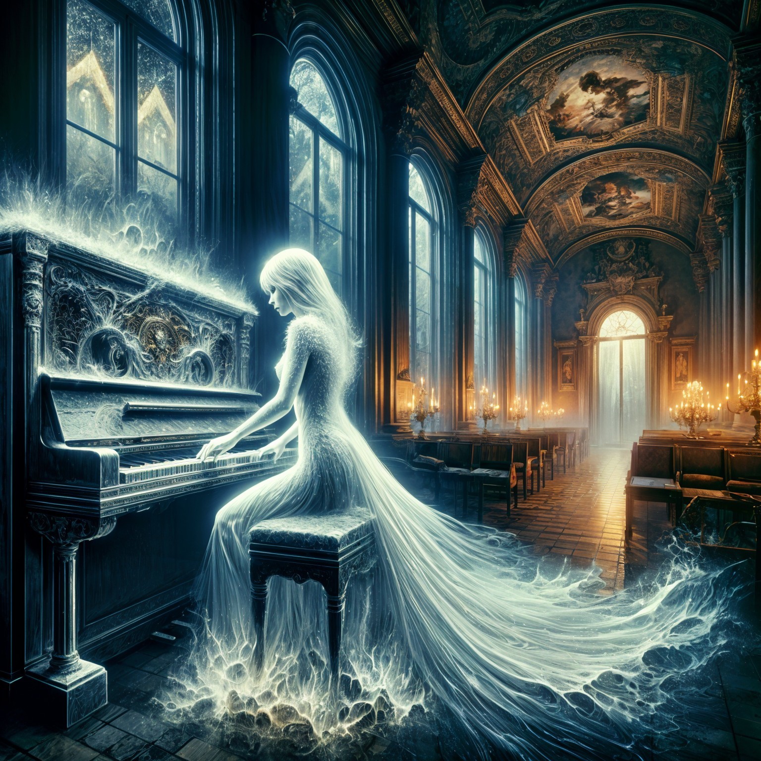 Ethereal Ghostly Figure Playing Piano in Opulent Room