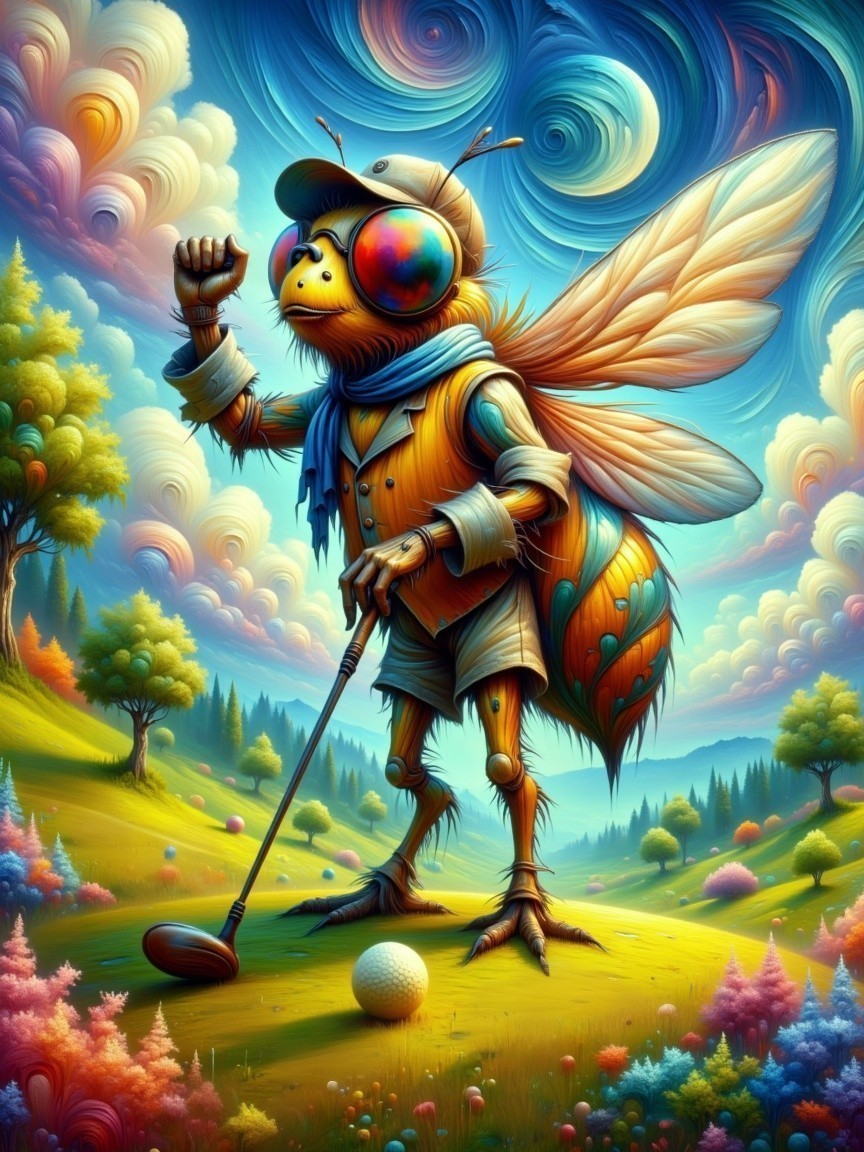 Anthropomorphized bee on a colorful golf course