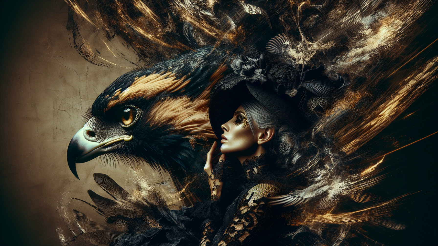 Regal Woman in Black Lace with Majestic Eagle