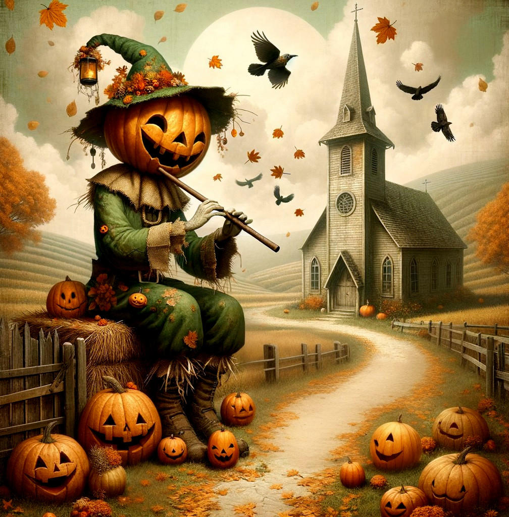 Whimsical Scarecrow with Pumpkin Head in Autumn Scene