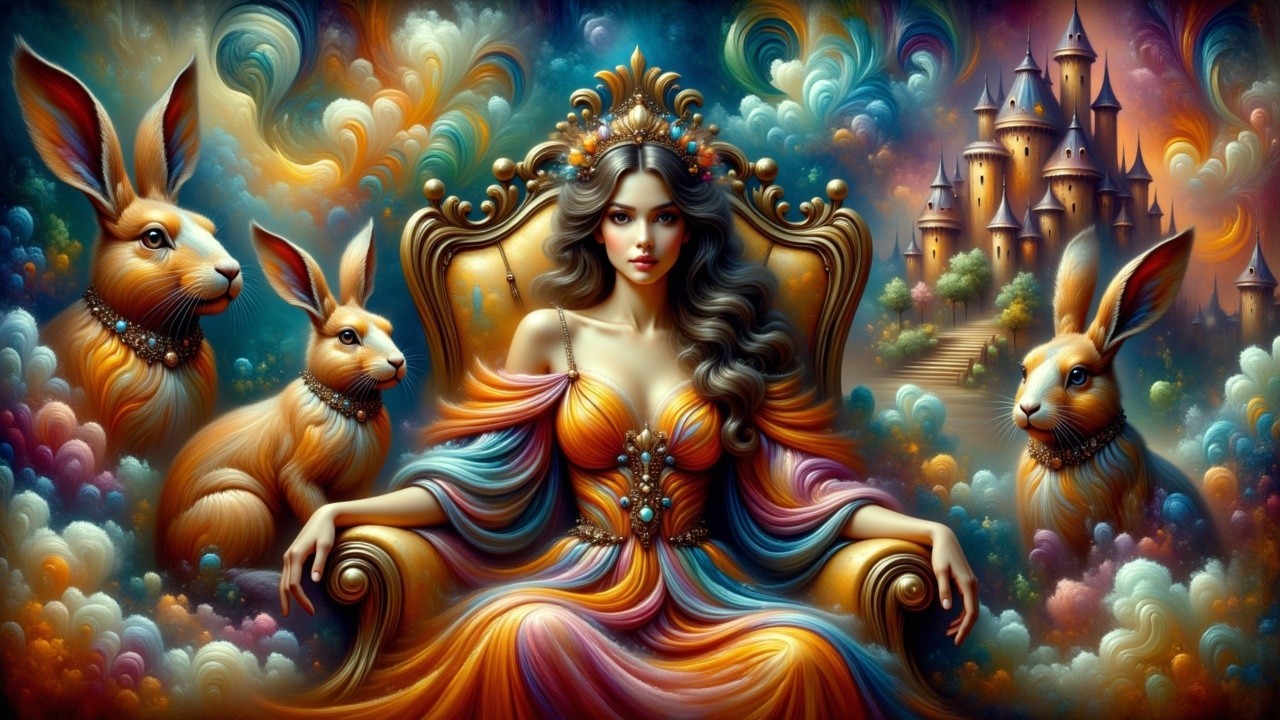 Majestic Woman on Golden Throne with Regal Rabbits