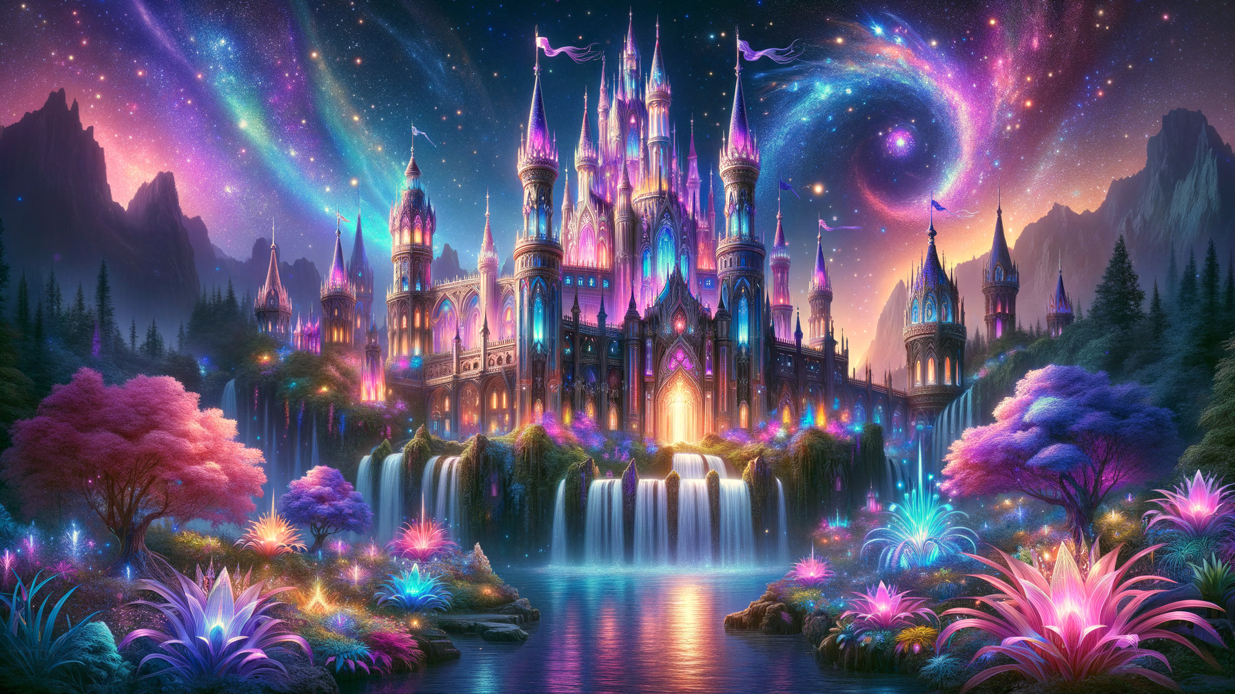 Fantasy castle with shimmering spires by a waterfall