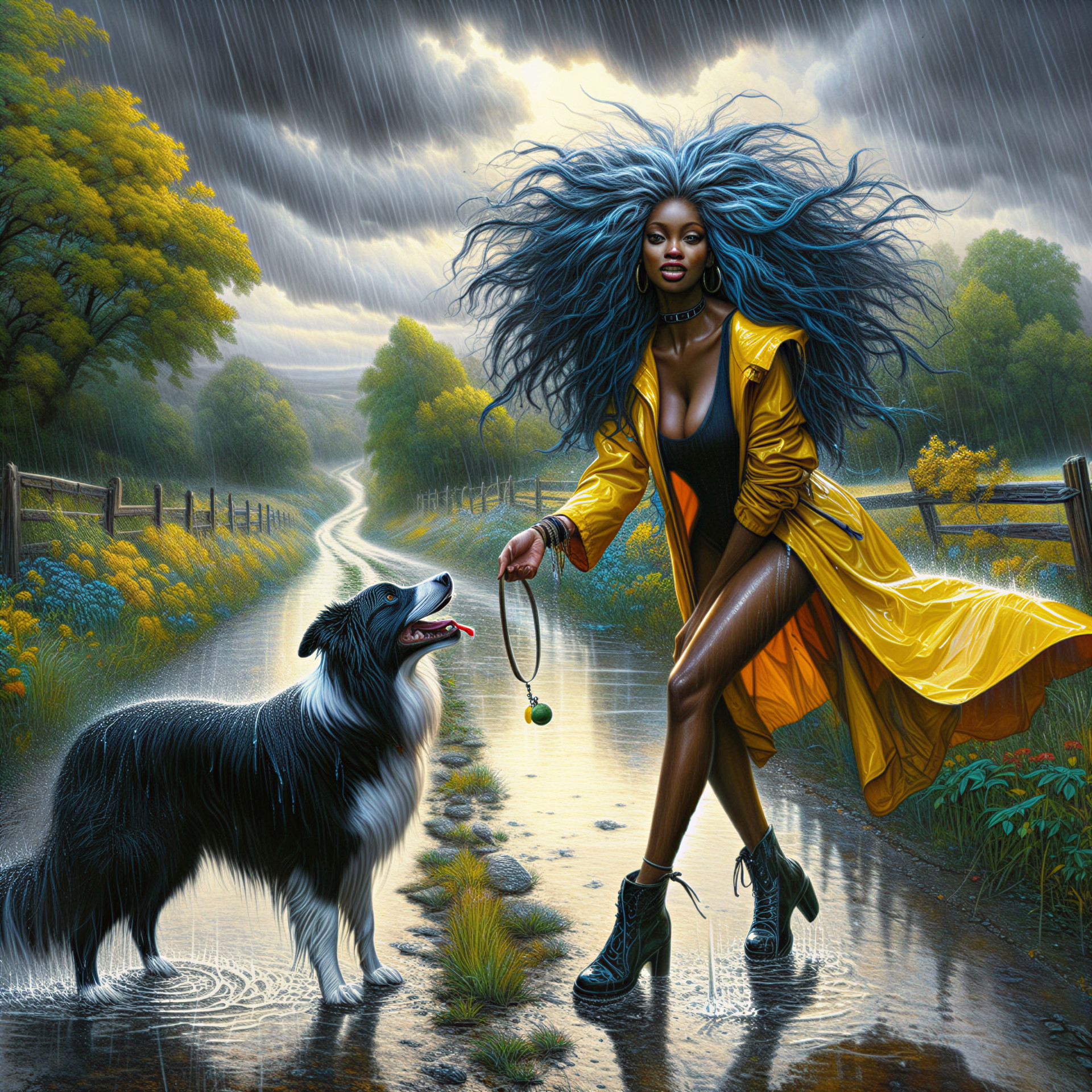 Woman with Blue Hair and Dog on Rainy Path