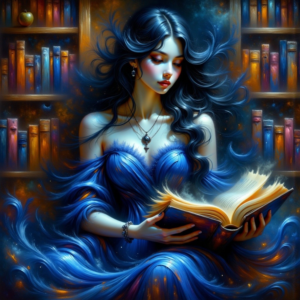 Mystical library scene with a young woman reading