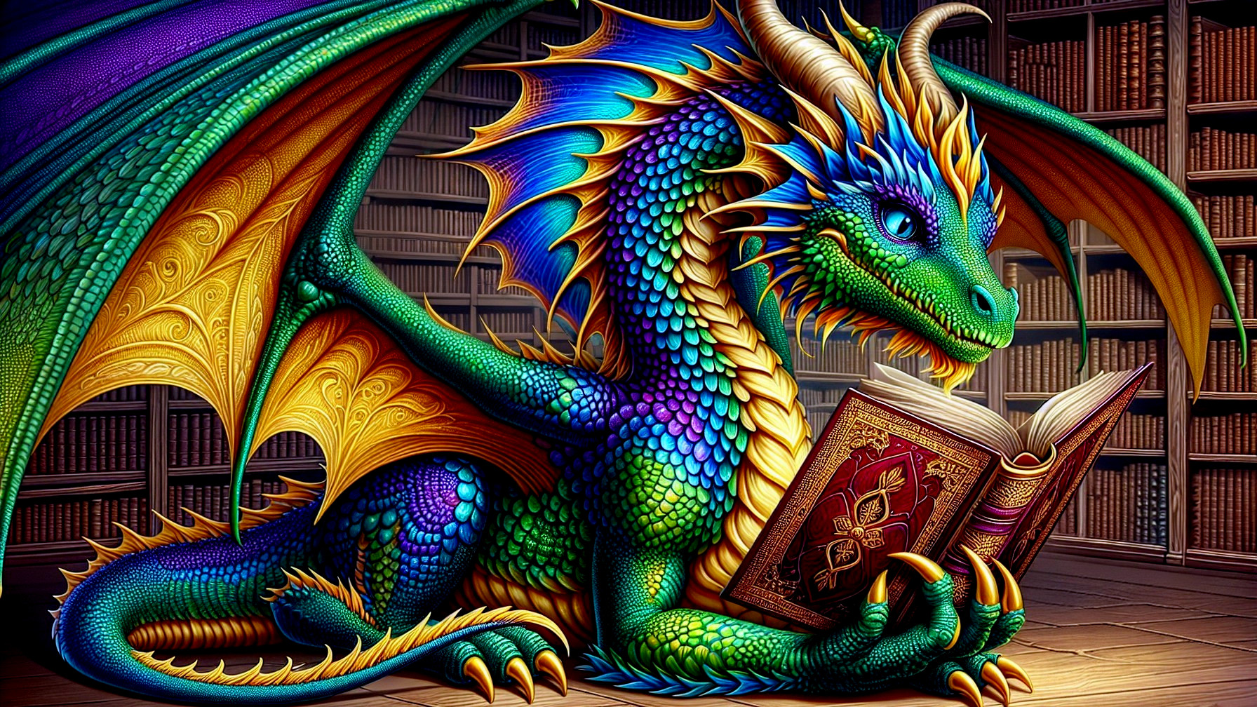 Multicolored dragon reading in a grand library setting