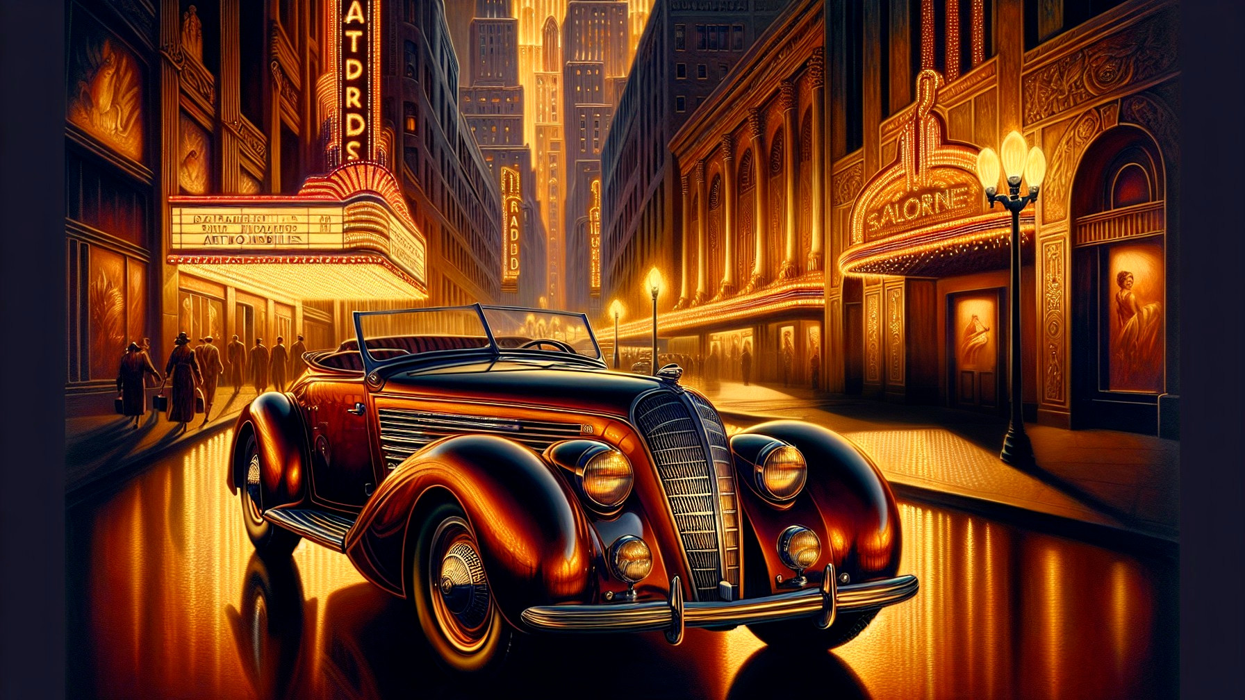 Vintage Convertible Car in City Nightlife Scene