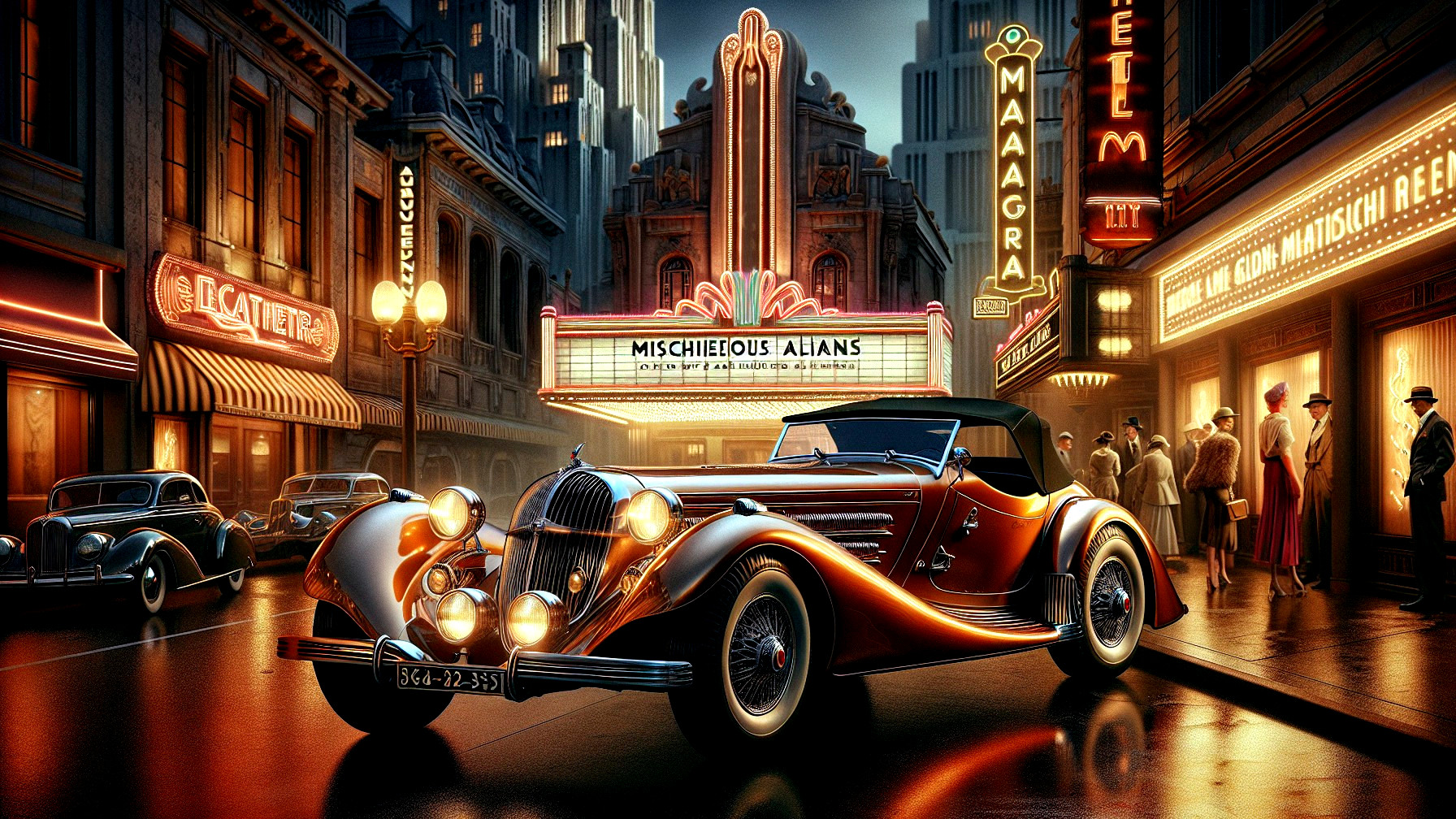 Vintage Car Under Neon Lights in City Street Scene