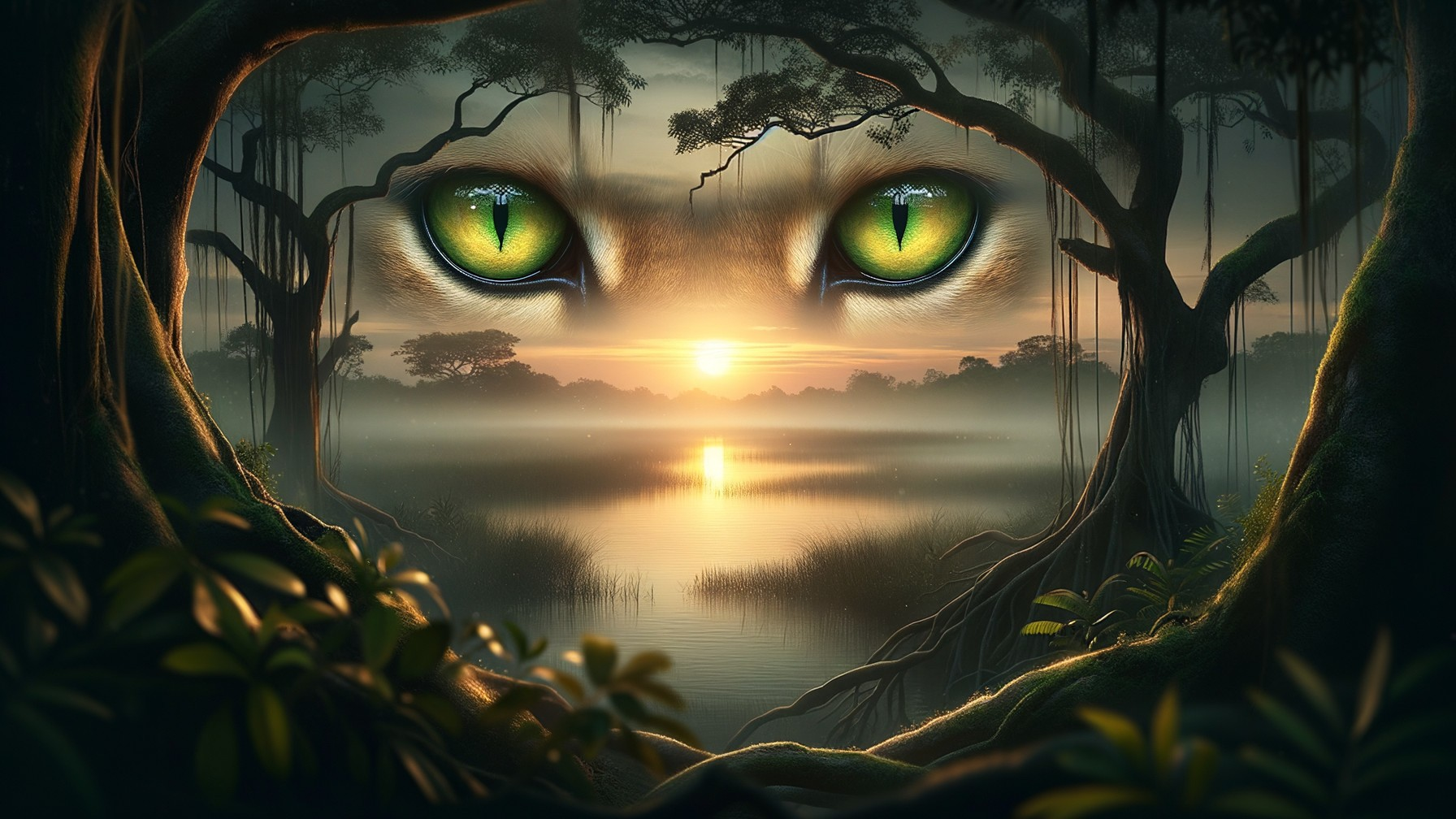 Misty Jungle Scene at Sunset with Serene Lake