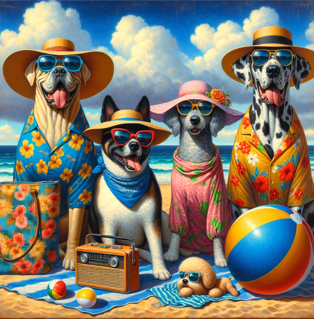 Dogs in Colorful Summer Attire at the Beach