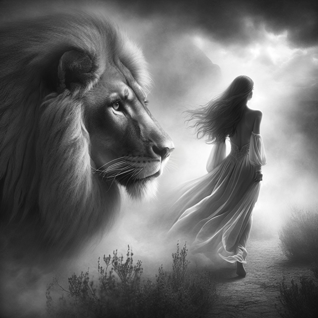 Black and white scene of a lion and a woman in mist