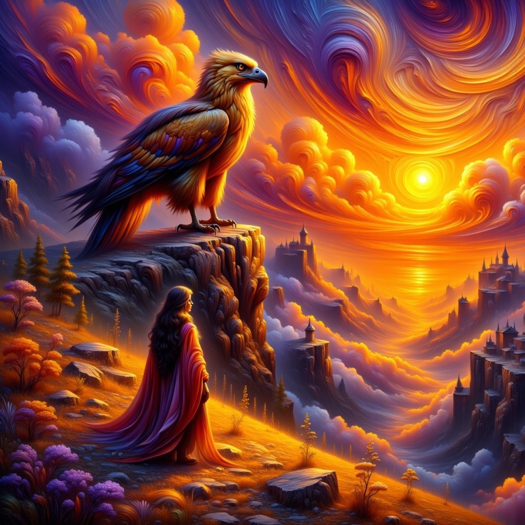 Eagle on Cliff Overlooking Sunset and Serene Landscape