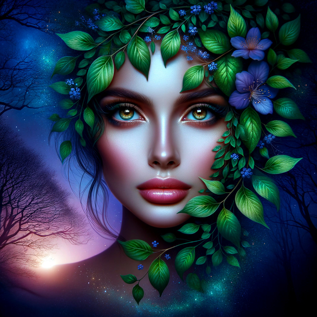 Portrait of a woman with leaves and flowers in nature