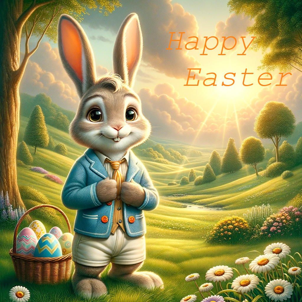 Cartoon Rabbit with Easter Eggs in Spring Landscape