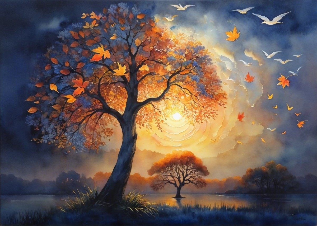 Autumn Landscape with Trees and Sunset Reflections