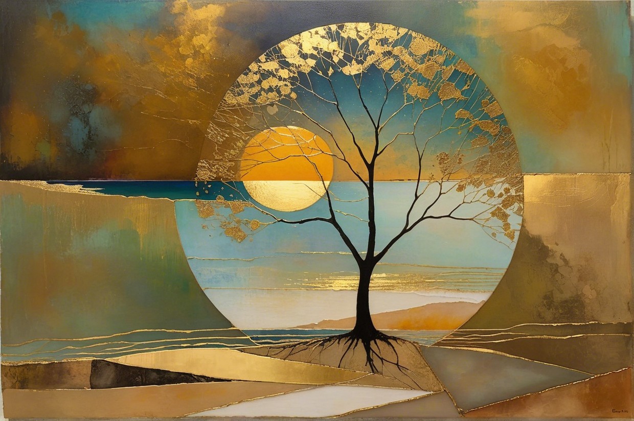 Golden tree within circular frame at sunset backdrop