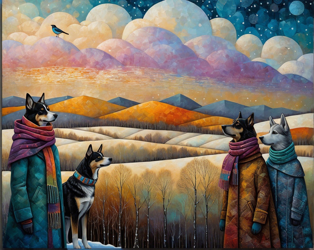 Cubist Painting of Dogs in Colorful Winter Scene