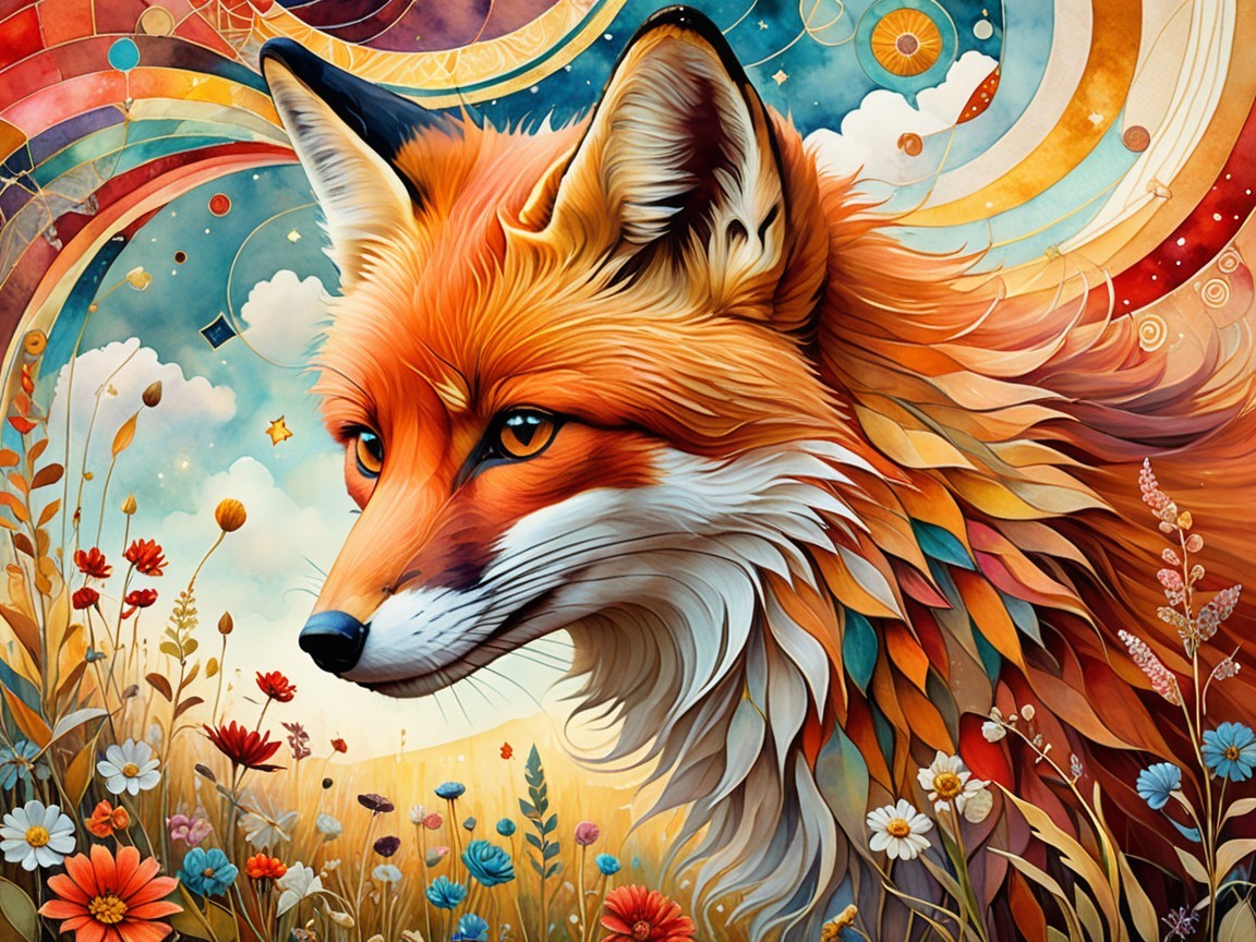 Vibrant Fox Illustration with Colorful Floral Background