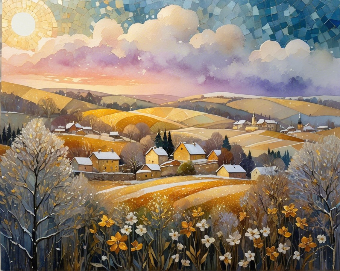 Picturesque Rural Landscape with Rolling Hills and Cottages