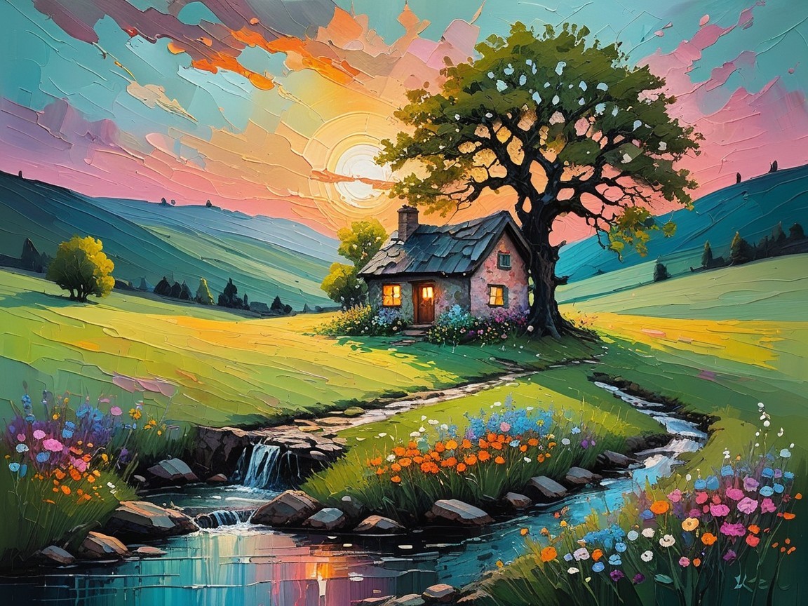 Charming Cottage by Stream in Pastel Sunset Scene