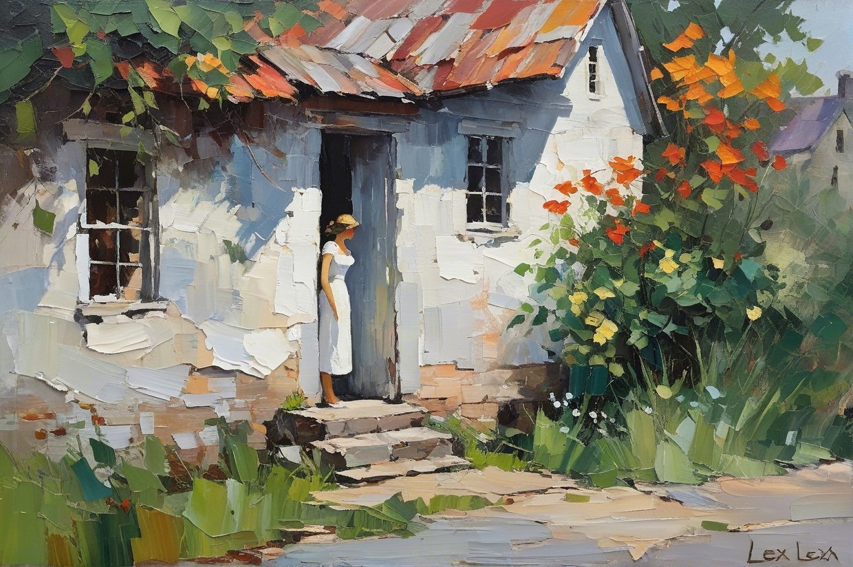 Serene Countryside Scene with White House and Flowers
