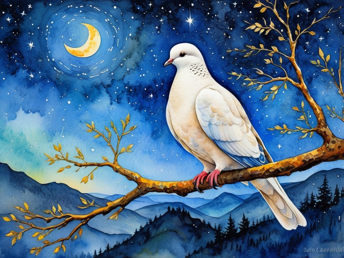 Serene Night Scene with Dove and Starry Sky