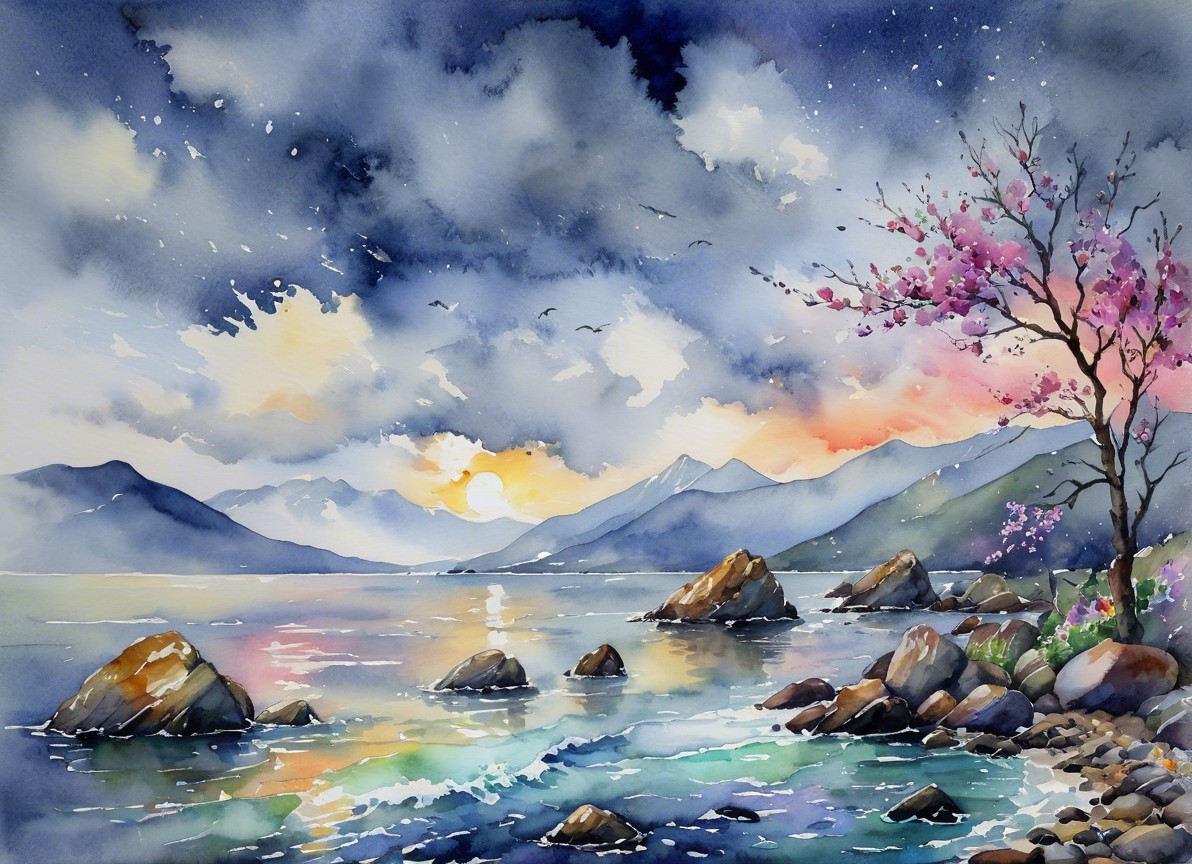 Tranquil Lake Sunset Landscape with Cherry Blossom