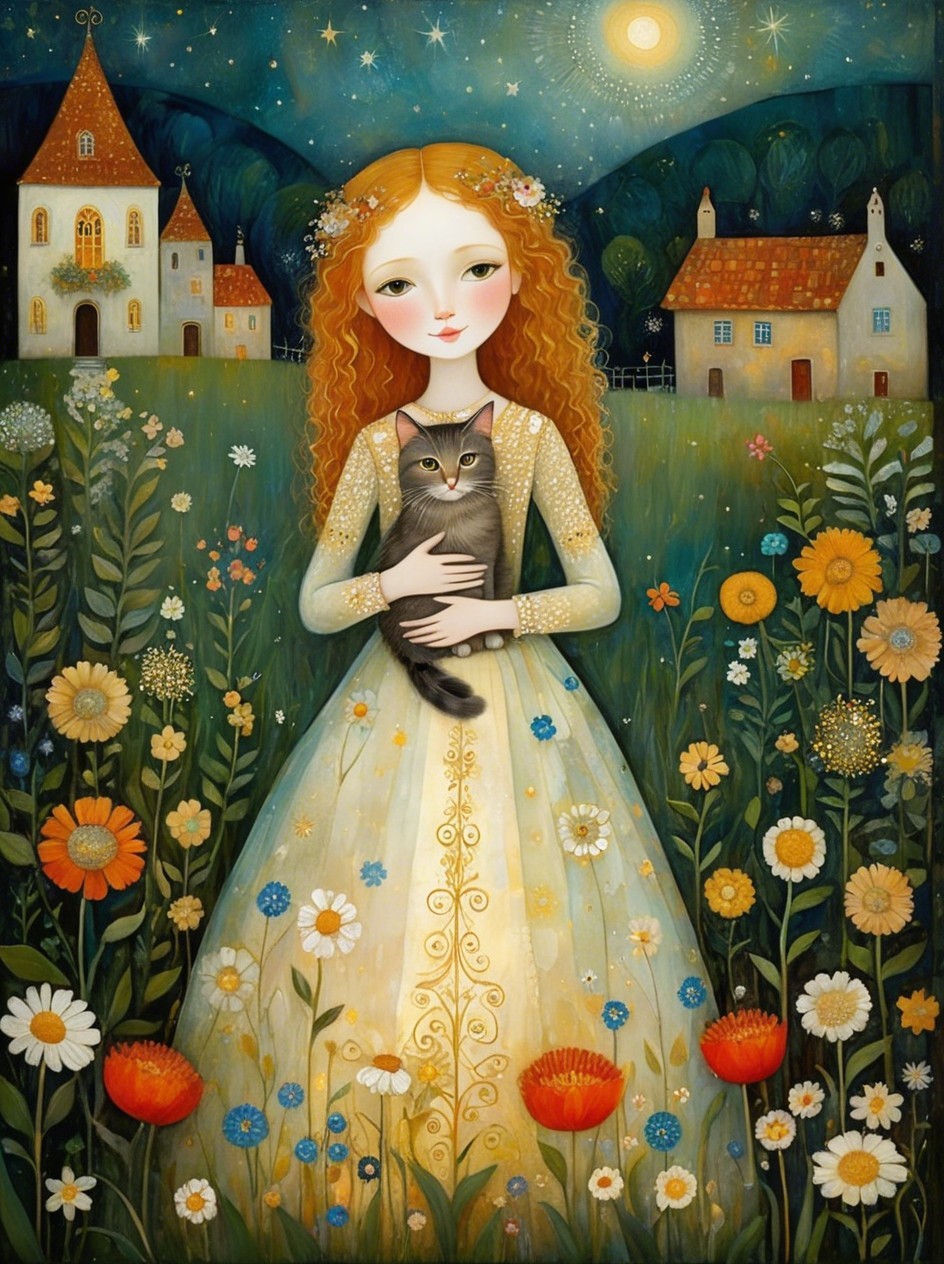 Red-haired woman in garden with cat under stars