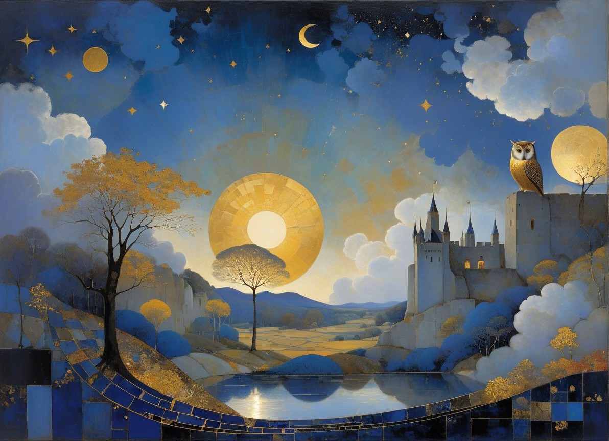 Twilight Landscape with Castle and Owl by River