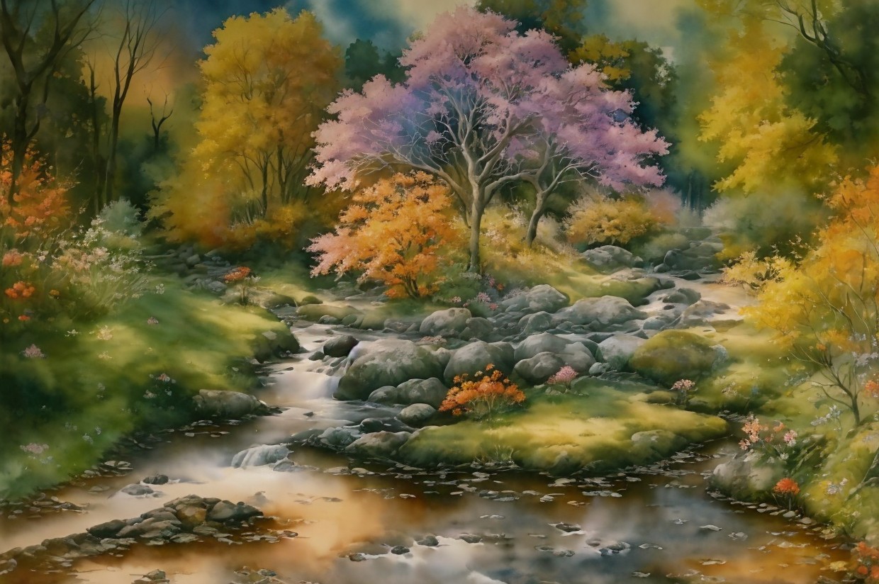 Serene Landscape with Flowing Stream and Vibrant Foliage