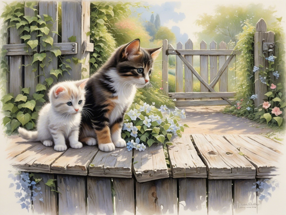 Kittens on a Wooden Fence Surrounded by Flowers